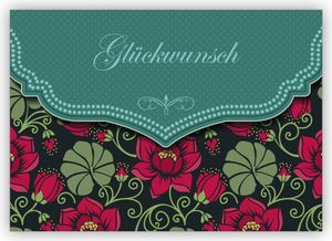 Traumhafte Retro Glückwunschkarte mit Vintage Seerosen Muster in grün zur Hochzeit, Taufe, Geburt, Examen etc: Glückwunsch