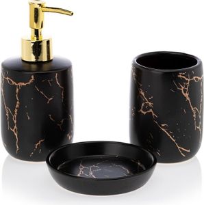 HowHomely Badezimmer set, 3-teilig Badzubehör Seifenspender, Zahnputzbecher und Seifenschale Schwarz Gold
