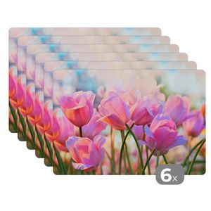MuchoWow® Podložky Sada 6 podložiek Umývateľné podložky 30x45x0.3cm Tulipány - ružové - jar Podložka pod stôl Nekĺzavá a odolná voči teplu