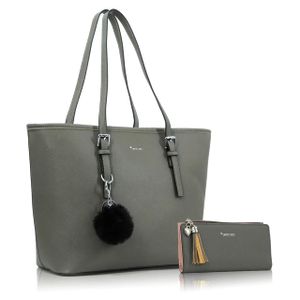 Handtasche Damen mit Geldbörse und Schlüsselanhänger, Groß Elegant Damen Handtasche, ​Geschenke für Frauen, Grau