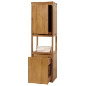 Vysoká skříňka z teakového dřeva HWC-M71, koupelnová skříňka koupelnová polička koupelna, kvalitní teakové dřevo třídy B (jádrové dřevo, 20-30 let), 141x41x36cm