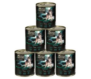 Dehner Wild Nature Hundefutter Auwald, Nassfutter getreidefrei / zuckerfrei, für ausgewachsene Hunde, Geflügel / Wild, 6 x 800 g Dose (4.8 kg)