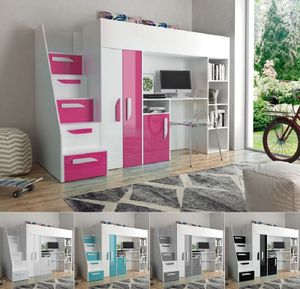 Hochbett Etagenbett mit Schreibtisch Schrank Regal und Treppe PARIS 4 hochglanz weiß rosa grau türkis schwarz