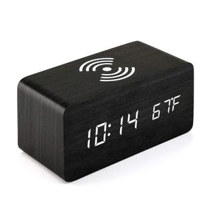 Digitální dřevěný budík s bezdrátovou nabíječkou, dřevěné digitální hodiny, s hlasovým ovládáním / šlendriánem / datem / teplotou a pro domácnost a kancelář (černý)
