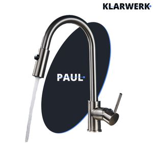 Paul | Premium Silber gebürstet ausziehbare Niederdruck Armatur |Edelstahl Wasserhahn Küche | Mischbatterie - 360 Grad drehbar | Boiler 3 Anschlüsse