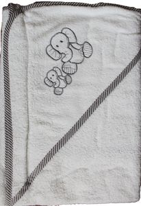 XL Baby Kapuzen Badetuch 100 x 100 cm, 100% Baumwolle, weiß mit grau, bestickt mit Elefant, Frottier