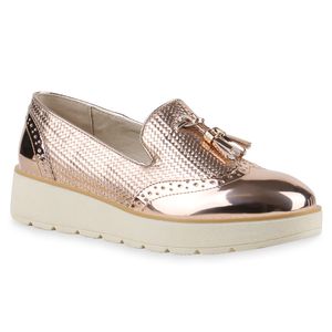 Mytrendshoe Damen Slipper Plateau Loafers Quasten Dandy Style Schuhe 814607, Farbe: Rose Gold, Größe: 39