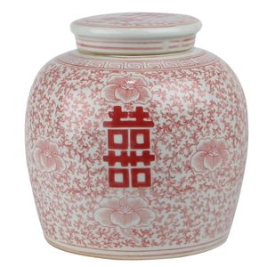Fine Asianliving Chinesische Deckelvase Rot Weiß Porzellan Doppeltes Glück D23xH23cm Dekorative Vase Blumenvase Orientalische Keramik Vase Dekoration Vase Moderne Tischdekoration Vase