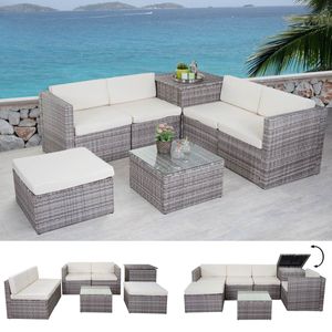 Poly-Rattan-Garnitur MCW-D21, Balkon-/Garten-/Lounge-Set Sofa Sitzgruppe, Box Staufach  grau, Kissen creme