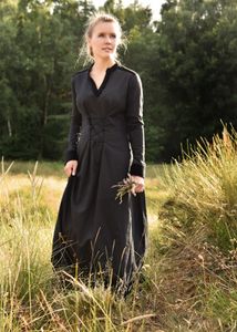 Battle-Merchant Mittelalterkleid Meira mit Samt-Details, schwarz Wikinger Gothic LARP Kleid Kostüm Größe: L