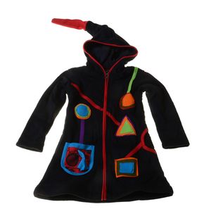 Kinder Hippie Jacke mit Zipfelkapuze Goa Psy Wichtel Schwarz/Kunterbunt, Farbe:Black / Schwarz, Größe:110-116