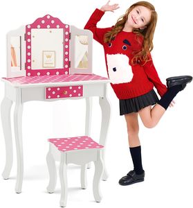 COSTWAY Dětský toaletní stolek se stoličkou, toaletní stolek 2 v 1 s trojitým skládacím zrcadlem a odnímatelnou horní deskou a zásuvkou, toaletní stolek ve stylu princezen (Dot)