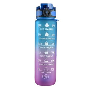 1L Auslaufsicher Sport Wasserflasche, Trinkflasche, Sport Trinkflasche  mit Zeitmarkierungen Sportflasche (blau+lila)