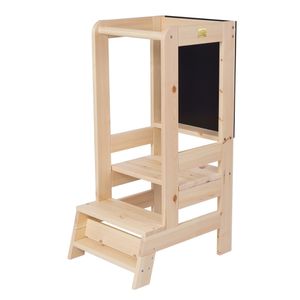 MeowBaby® Lernturm mit Tafel für Kinder Küchenhelfer aus Holz Learning Tower für Baby & Kleinkinder Trittschemel Kinderschemel Natural