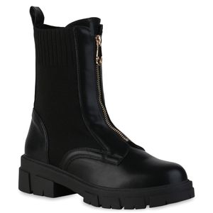 VAN HILL Damen Plateaustiefel Strick Blockabsatz Profil-Sohle Schuhe 837921, Farbe: Schwarz, Größe: 37