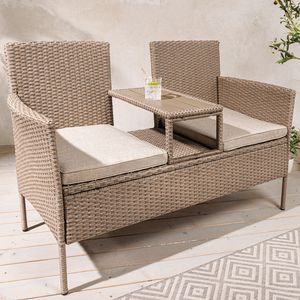 riess-ambiente Moderne Gartenbank PORTOFINO 140cm natur beige Polyrattan mit Tisch wetterfest Bank Sitzbank