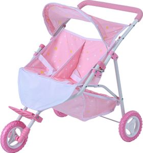 Olivia's Little World Dvojitý kočárek pro panenky dvojčata Růžový kočárek s hvězdičkami OL-00012