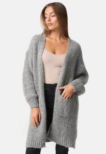 Lange Damen Strickjacke mit Taschen Cardigan mit Mohair Wolle Jacke Warm Edel PM69 Grau Einheitsgröße Gr. 34 - 38