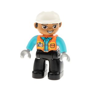 1x Lego Duplo Figur Mann schwarz Sicherheitsweste Helm Hände grau 47394pb289