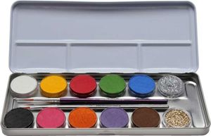 EULENSPIEGEL Schminkpalette 10 Farben 2x Glitzer 2x Pinsel Metalletui