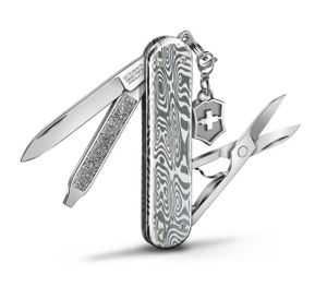 Victorinox Classic SD Brilliant Damast Taschenmesser mit 5 Funktionen Silber/Mattvernickelt