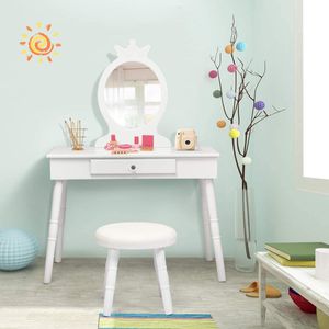 COSTWAY Dětský toaletní stolek se stoličkou, zásuvkou a odnímatelným zrcadlem Dřevo 70x34x100cm