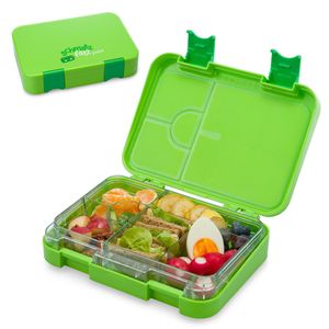 Klarstein schmatzfatz junior Lunchbox Brotdose Vesperbox | mit Zusatzbehälter, kinderfreundlich, abgedichtet, 4 oder 6 kleine Fächer, für Flüssignahrung, 21,3 x 15 x 4,5 cm (BxHxT), spülmaschinenfest, BPA-frei, Kunststoff, grün