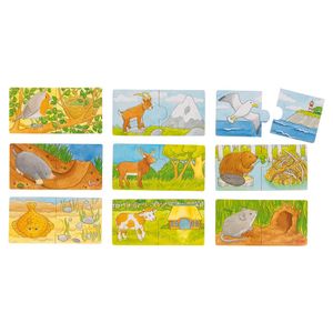 goki 57462 Minipuzzle Wer wohnt wo? 14 x 7 x 0,3 cm, Holz, 18-teilig, 9 Motive, bunt (1 Set)