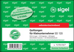 SIGEL SD120 Quittungen für Kleinunternehmer, ohne MwSt.-Ausweis, fortlfd. Nummer, 1./2. Blatt bedruckt, mit Sicherheitsdruck, A6 q, selbstdurchschreibend, 2 x 30
