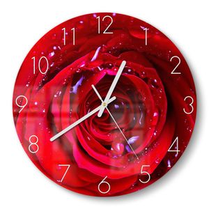 DEQORI Glasuhr Ø30 cm Zahlen 'Rose mit Wasserperlen' Wanduhr Glas Uhr Design leise