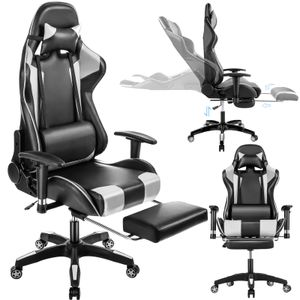Bürostuhl Gamingstuhl Chefsessel, Belastbarkeit 150 kg, 360° Drehstuhl, Schreibtischstuhl mit Fußstütze aus Kunstleder, 90°-180° Neigungswinkel, höhenverstellbar, Weiß