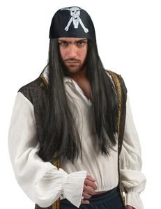 Piraten-Herrenperücke mit Kopftuch schwarz-weiss