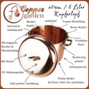 "CopperGarden®" Kupfertopf ø24 cm | 8 Liter glatt mit Griffen & Deckel