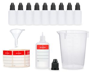 10 Plastikflaschen 30 ml LDPE, G14, Tropfeinsatz, Deckel schwarz, Mini-Trichter, 150 ml Messbecher