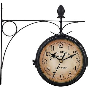 Staničné hodiny obojstranné, staničné hodiny odolné voči poveternostným vplyvom, retro obojstranné nástenné hodiny čierne, retro nástenné hodiny s držiakom, dekoratívne, vonkajšie