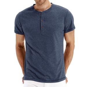 Herren Sommer Kurzarm T-Shirt Einfarbig Rundhalsausschnitt Knöpfe Lässige T-Shirts,Farbe: Navy Blau,Größe:M