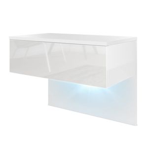Iropro Nachttisch hängende mit Schublade, Wandregal Wandboard Weiß Hochglanz, Holz Nachtkommode Nachtschrank schwebend mit LED Beleuchtung,60 x 46 x 35 cm