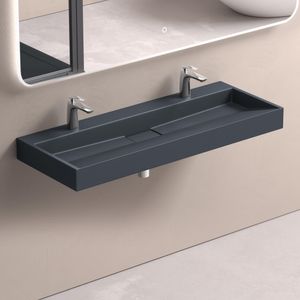 doporro Waschbecken Aufsatzwaschbecken Mineralguss Hängewaschbecken Waschtisch matt Anthrazit 120x46x11cm mit 2 Armaturloch inkl. Ablaufgarnitur Colossum19