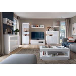 Modernes Wohnzimmer Komplett Set in weiß Hochglanz, 7-teilig, inkl. indirekter Beleuchtung