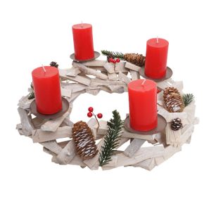 Adventskranz rund, Weihnachtsdeko Tischkranz, Holz Ø 40cm weiß-grau  mit Kerzen, rot