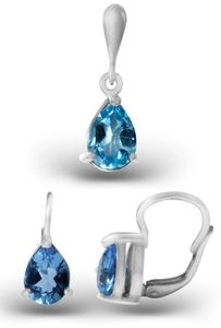 Sada stříbrných šperků ve tvaru kapky se švýcarským modrým topazem