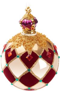 BRUBAKER Premium Weihnachtskugel Royal King - Königliche Baumkugel Gold Rot - Kariert mit Samt, Glitzer und Krone