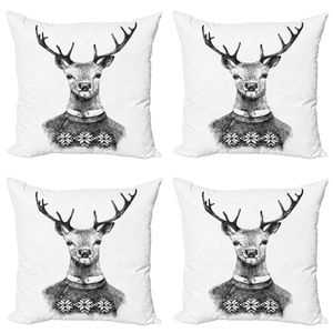 ABAKUHAUS Indie Kissenbezug Set (4 Stück), Deer Nordic Sweater Weihnachten, Moderner Doppelseitiger Digitaldruck, 60 cm x 60 cm, Charcoal Grau Weiß