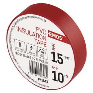 EMOS PVC-Isolierband Rot 10er Pack, 15mm x 10m, 0,13mm Bandstärke, selbstklebend, hohe Spannungsfestigkeit und Anwendungstemperaturbereich, UV-beständig, wasserdichte Verbindung, ohne Textilgewebe