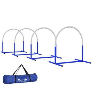 PawHut Hunde-Agility-Trainingsgeräte, Hund Agility Set, 4-teilges Steckhürdenset für ältere Hunde, Hundetrainigsset mit Tragetasche, Blau+Weiß, 88 x 6