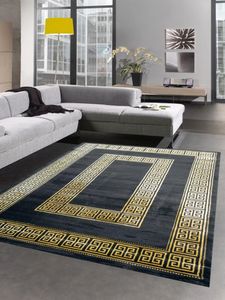 Teppich Wohnzimmer mit Bordüre Mäander Muster schwarz gold Größe - 80x150 cm