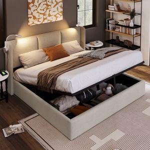Fortuna-Lai Čalouněná manželská postel 160x200 cm Hydraulická postel Boxspring s lampičkou na čtení a nabíjecím čelem USB, postel pro mladé s lamelovým rámem, béžová barva
