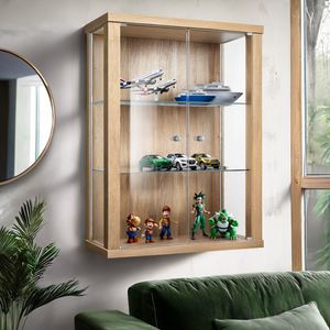 K-Möbel Hängevitrine Glas in Buche (80x60x25 cm) mit 2 höhenverstellbaren Glasböden - Glasvitrine hängend - Wandvitrine - Vitrinenschrank Buche