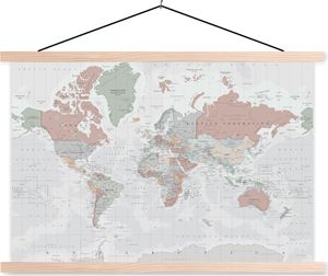 MuchoWow® Textilposter Weltkarte - Vintage - Pastell - Erde - Grau - Pädagogisch 60x40 cm mit holzfarbenen Rahmen - Bilder