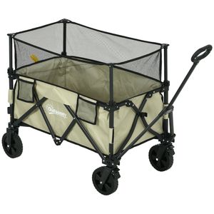 Outsunny Gartenwagen 180 L, zusammenklappbarer Wagen mit verstellbarer Länge und Griffwinkel und ausziehbaren Seitenwänden, Tragkraft 120 kg, für Patio Beach, Khaki